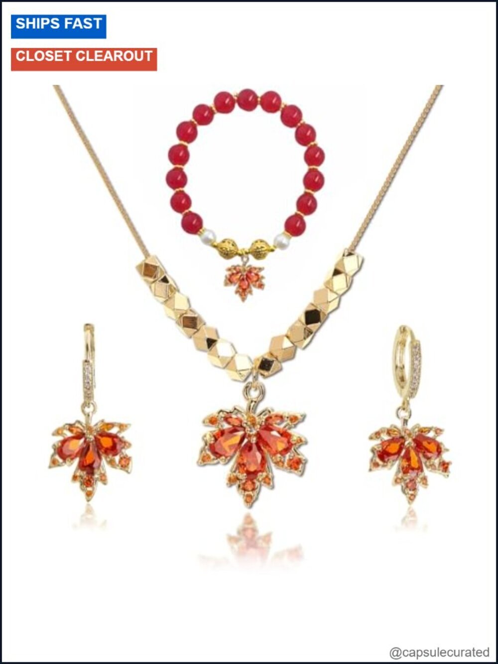3-Piece Fall Maple Leaf Rhinestone Jewelry Set - Dangle Earrings, Pendant